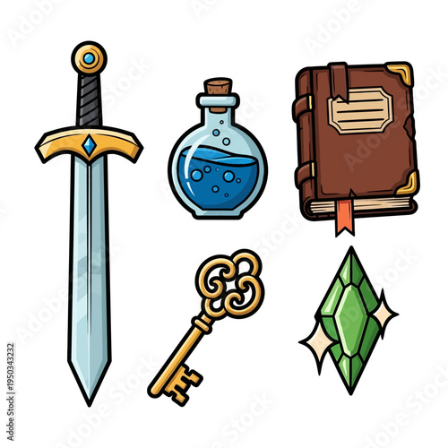 Fantasy Game Icons: Sword, Potion, Book, Key, Gemstone - Vector Art