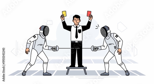 Fencing Referee Shows Yellow and Red Cards to Competitors on Piste