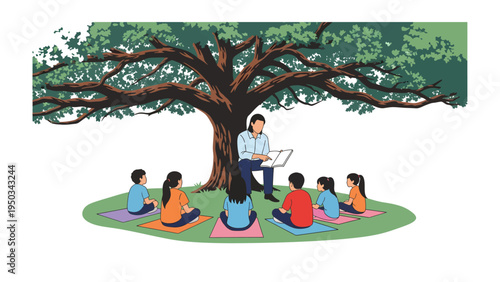 Under the Whispering Canopy: A nurturing teacher, surrounded by attentive children, fosters learning and growth beneath the sheltering embrace of a grand tree, symbolizing knowledge and education.
