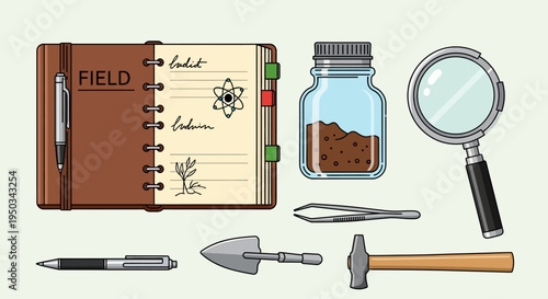 Field Research Tools: Notebook, Magnifying Glass, Trowel, and Specimen Jar