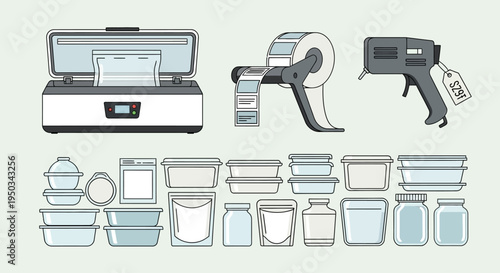 Food Packaging and Sealing Equipment Collection: Vacuum Sealer, Label Printer, Hot Glue Gun, Containers