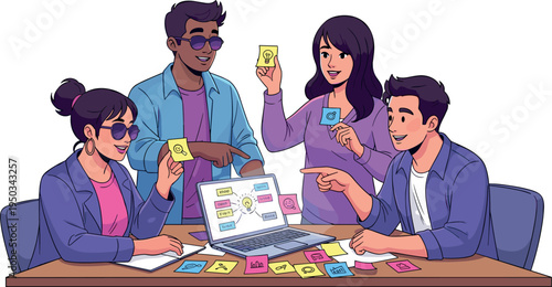 Four diverse colleagues engaged in a creative brainstorming session on transparent background