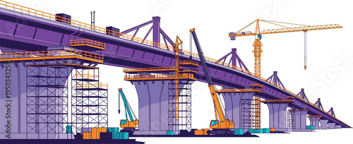 A large bridge under construction with cranes and scaffolding on transparent background