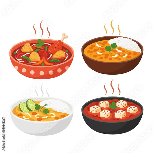 Four Bowls of Delicious Indian Curries and Dal with Rice, Garnished