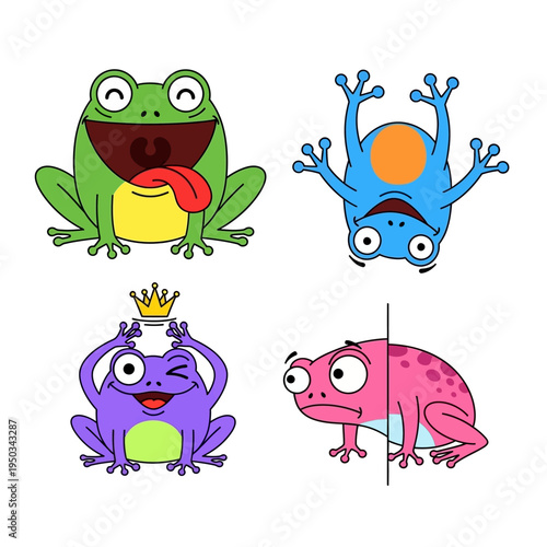 Funny Cartoon Frogs Collection: Happy, Sad, King, and Upside Down