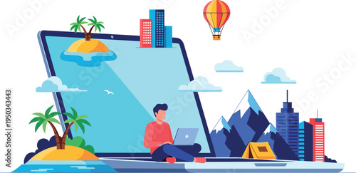 A man works remotely on a laptop with a scenic background on screen on transparent background