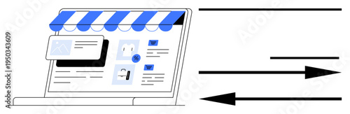 Ecommerce, online transactions, digital marketplaces, shopping portals, online payments, website interfaces. ion of an online storefront with flow arrows. Ecommerce and online transactions concept