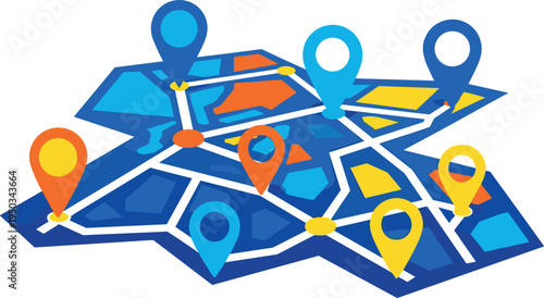 A colorful map with various location markers on transparent background