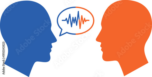 Two human head silhouettes communicating with each other on transparent background