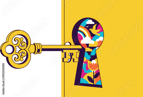 A colorful key with a floral design turning in a lock on transparent background