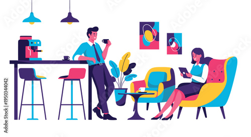 A man and woman enjoying coffee in a modern colorful cafe on transparent background