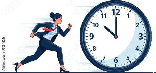 A businesswoman in a suit is running next to a large clock on transparent background