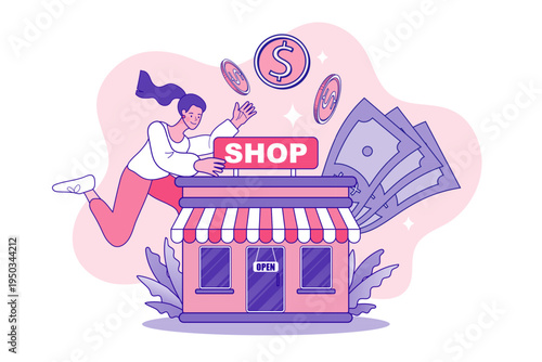 Digital business growth and online store expansion concept with female entrepreneur and money