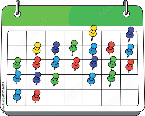 A colorful calendar with multicolored push pins marking various dates on transparent background