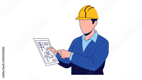 The Engineer's Blueprint: An engineer in a yellow hard hat carefully examines a blueprint, meticulously pointing out details and ensuring precision in the technical design. 
