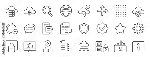 Modern line icons for cloud computing, data security, network, and UI elements on white background.
