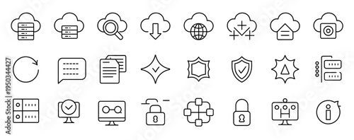 Modern line icons for data management, network security, cloud storage, and system operations.