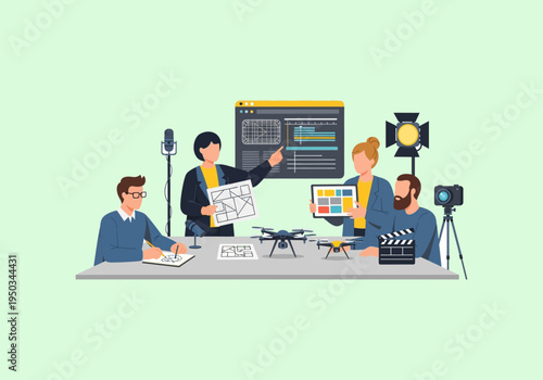 business man with tablet computer Team collaborating on drone technology and video production.