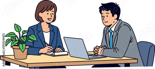 Two business professionals working together on laptops at a wooden desk on transparent background