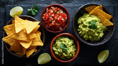 A plate of tortilla chips with salsa and guacamole