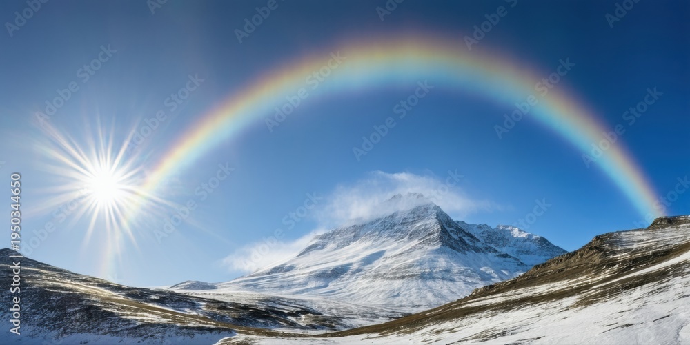 Obraz premium Bright rainbow arcs over snowy mountains. Sun shines intensely, illuminating landscape. Beautiful natural scenery presents calm vista.