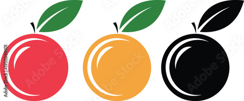 fruit icon set including apple and orange flat design citrus, set, red, yellow, black, leaf, fresh, organic, nature, healthy, food