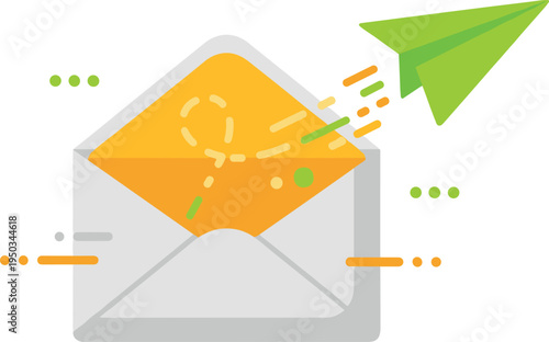 A green paper airplane emerging from an open white and yellow envelope on transparent background