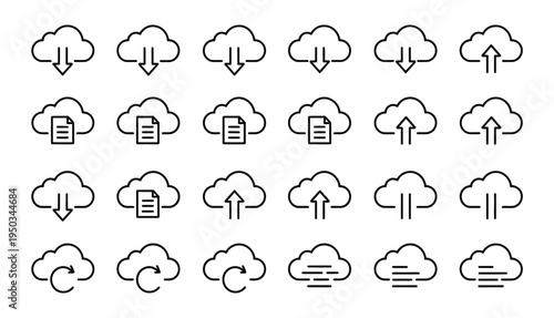 Set of cloud computing icons representing data upload, download, and storage services.