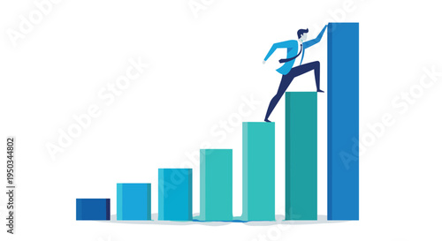A businessman climbs up a bar graph on transparent background
