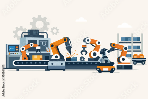 Industrial Automation Factory with Robotic Arms Working on a Conveyor Belt, Smart Manufacturing Process with Automated Machinery, Welding Robots, and Warehouse Logistics. Flat Vector Illustration