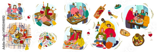 A flat vector illustration featuring Thanksgiving. People celebrating the holiday.