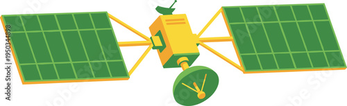 A green and yellow satellite with solar panels on transparent background