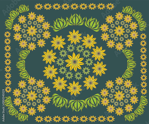 yellow flower frame, flowers field on top of small hill