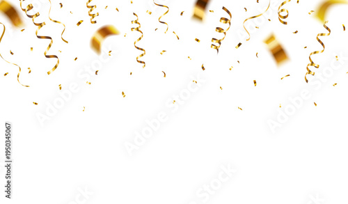 Realistic falling gold confetti and streamers decorative border on transparent background