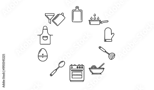 Thin line kitchen tools icon pack with funnel apron egg timer spoon oven and pasta vector illustration