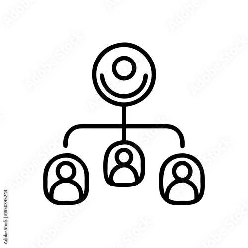 A simple black line art icon of a person connected to three other people in a hierarchical structure