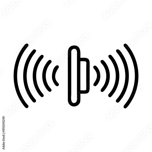 A minimalist vector graphic of a speaker icon with sound waves on a white background