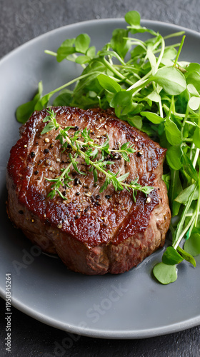 Close-up of a juicy grilled beef steak filet mignon seasoned with fresh thyme and cracked black pepper, served on a grey plate with a side of fresh green watercress salad on a dark table surface.
