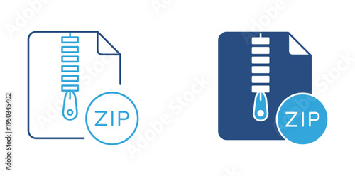 ZIP file icon set. Compressed archive document with zipper icon, data compression concept. Vector illustration.