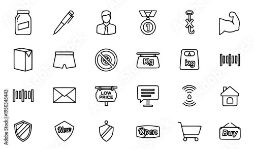 Thin line lifestyle and e-commerce icon set with jar pen medal muscle hand cereals smart home vector collection