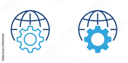 Global with gear icon set. Globe with gear icon, worldwide system configuration and technology concept. Vector illustration.