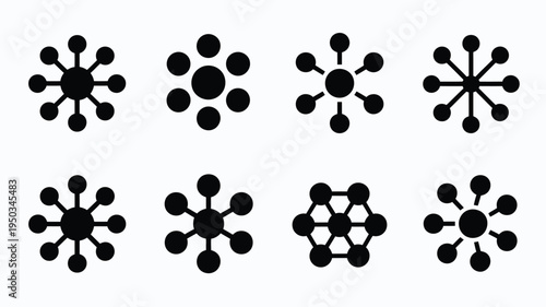 Set of eight black molecular structure logos on white background representing chemistry and network concepts in modern design