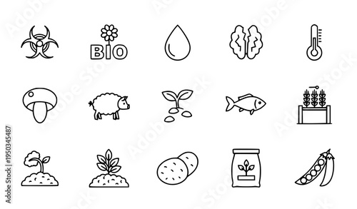 Thin line agriculture and biology icon set with seedling sheep mushroom potato fish and fertilizer vector collection