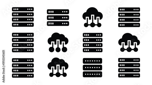 Black silhouette logos featuring server and cloud symbols for data network and technology concepts on white background