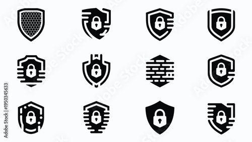 Collection of 12 sleek futuristic tech security icons with shields and locks on white background