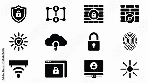 Collection of black security icons on white background including shield lock cloud fingerprint and more symbolizing protection and safety