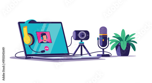 A colorful illustration of a laptop with video recording equipment on transparent background