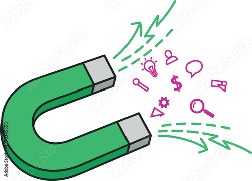 A green horseshoe magnet attracts various business and finance icons on transparent background