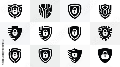 Collection of 12 sleek technology logos featuring shields and locks on white background