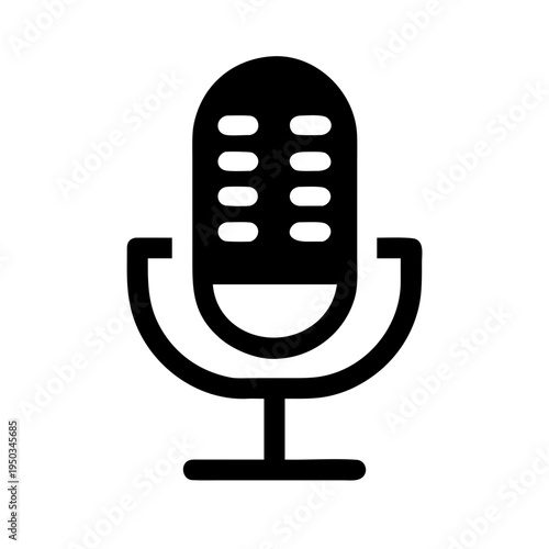 A minimalist black and white vector graphic of a microphone on a stand